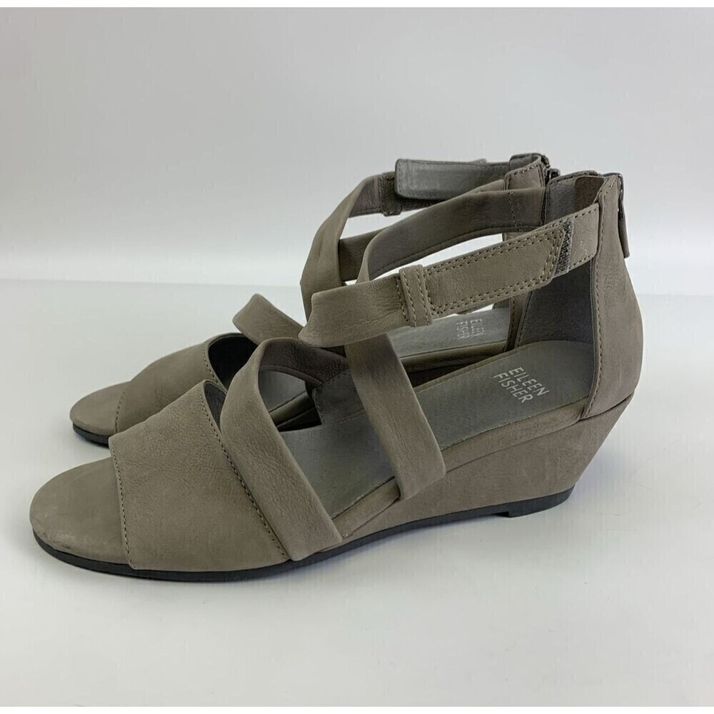 Eileen Fisher Gray Nubuck Strappy Wedge Sandal Back Zip Adjustable Ankle Women 6